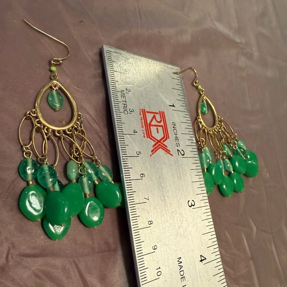 Vintage Y2K J. Crew Gold Emerald Green 3” Drop Chandelier Earrings - Picture 7 of 8